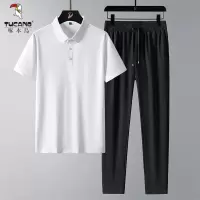 啄木鸟夏季冰丝款套装男士无痕T恤短袖POLO+休闲裤子男两件装父亲