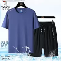 啄木鸟速干冰丝运动套装男短袖T恤夏季新款大码男装休闲裤两件套