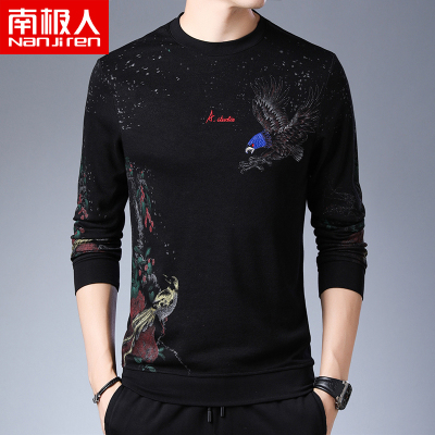 南极人潮流印花卫衣男圆领套头刺绣青年秋季打底衫长袖T恤衫时尚