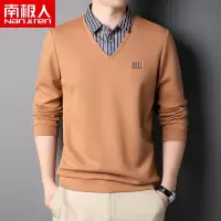 南极人假两件t恤男长袖上衣潮流男装打底衫棉质衬衫领宽松体恤衫