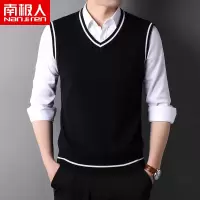 南极人100%纯棉马甲背心男V领黑色春季套头坎肩休闲针织无袖毛衣