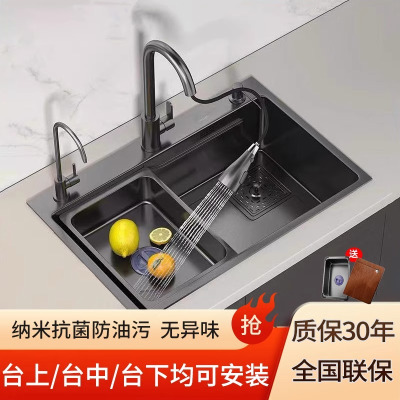 尔治厨房洗菜盆家用加厚手工纳米304不锈钢大单槽洗碗池槽洗菜