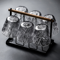 三维工匠冰川纹玻璃杯水杯家用套装茶杯客厅待客啤酒杯带杯架耐热喝水杯子