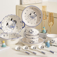 三维工匠可爱卡通碗碟套装家用盘子情侣一二人食碗筷餐具双耳碗陶瓷泡面碗