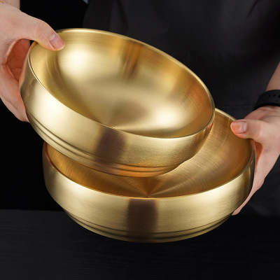 三维工匠韩国冷面碗金色不锈钢泡面碗拉面碗双层韩式拌饭碗大汤碗螺丝粉碗