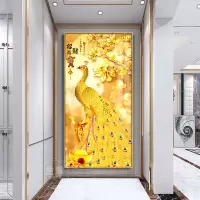 维诺亚玄关画进宝入户进门过道走廊壁画背景墙金色孔雀晶瓷挂画