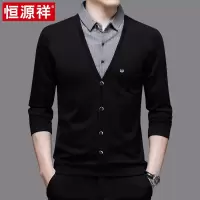 恒源祥春秋薄款假两件男士长袖t恤衬衫领秋装上衣中年针织打底衫