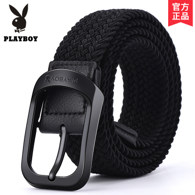 花花公子男士皮带新款夏季编织帆布针扣腰带松紧弹力免打孔裤带潮