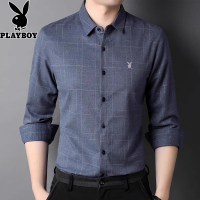 花花公子新款春秋季格子男士长袖衬衫中年爸爸上衣商务休闲寸衣潮
