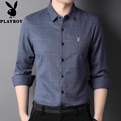 花花公子新款春秋季格子男士长袖衬衫中年爸爸上衣商务休闲寸衣潮