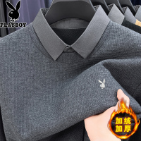 花花公子秋冬季加绒加厚假两件毛衣男中年爸爸装含羊毛针织打底衫