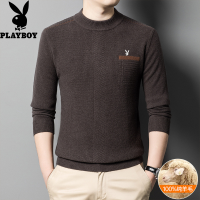 花花公子2024秋冬季纯羊毛衫男中年爸爸装加厚毛衣针织打底衫