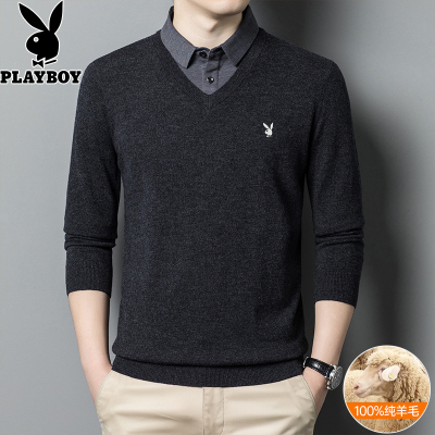 花花公子秋冬新款纯羊毛衫男加厚衬衫领假两件毛衣针织打底衫