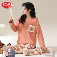 浪莎睡衣女春秋款纯棉长袖可外穿卡通家居服女款2025新款大码套装