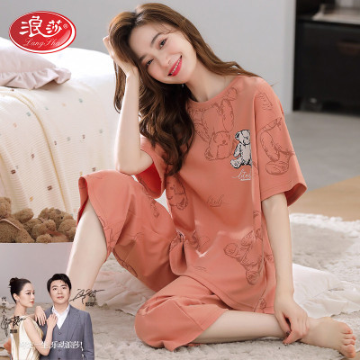 睡衣女款夏季2025新款纯棉短袖七分裤可外穿甜美大码家居服春秋款