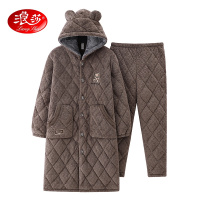 浪莎睡衣男士冬季加厚加绒2024新款三层夹棉中长款睡袍套装可外穿