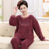 中老年妈妈珊瑚绒睡衣女冬季加厚加绒法兰绒套头秋冬款家居服套装