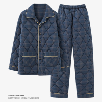 浪莎睡衣男士冬季针织纯棉夹棉三层加厚棉袄冬天保暖家居服男套装