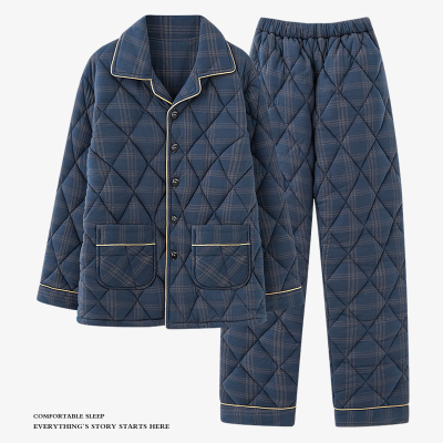 浪莎睡衣男士冬季针织纯棉夹棉三层加厚棉袄冬天保暖家居服男套装