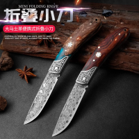 大马士革钢水果刀随身折叠刀削皮酸枝柄多功能高硬度小刀N8169