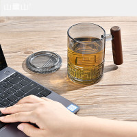 山重山 富贵连绵回纹杯带茶漏（烟灰色）6238木柄玻璃杯x1,盖x1,茶漏x1