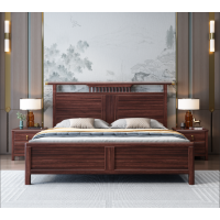 9901A新中式乌金木卧室婚床双人1.8米储物实木大床