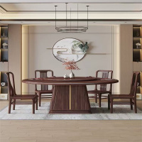 新中式乌金木实木餐桌实木饭桌带转盘大圆桌家用圆餐桌圆形餐桌