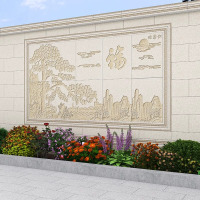 别墅庭院影壁墙造型砖户外围墙浮雕壁画瓷砖农村迎门墙迎客松壁画