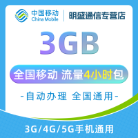 中国移动 全国移动流量3GB 全国3G/4G/5G通用流量 无法提速 4小时有效