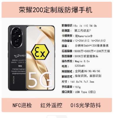 荣耀200 12+256G 5G智能5300mAh100W 定制版防爆手机NFC化工厂石油库天然气工业医药专用工业巡检加油站石油EX 带证书