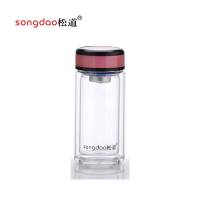 松道 双层玻璃杯双层玻璃水杯带盖耐高温茶水分离便携旅行杯泡茶杯SD334系列-红色300ML