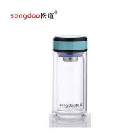 松道 双层玻璃杯双层玻璃水杯带盖耐高温茶水分离便携旅行杯泡茶杯SD334系列-蓝色300ML