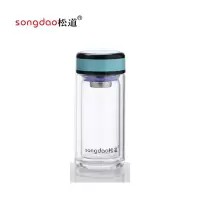 松道 双层玻璃杯双层玻璃水杯带盖耐高温茶水分离便携旅行杯泡茶杯SD334系列-蓝色300ML