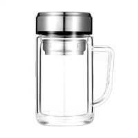 松道 高档双层玻璃杯茶水分离杯商务把手办公杯 340ml(只)