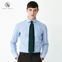 尘界蓝色条纹衬衫男长袖宽条纹修身商务休闲纯棉意式温莎领男时尚百搭衬衣