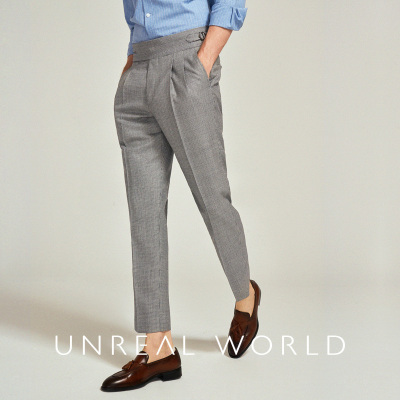 尘界那不勒斯羊毛千鸟格纹西裤男绅士商务时尚巴黎扣翻边修身西服裤子