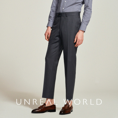 尘界深灰色条纹西裤男羊毛混纺商务绅士修身无褶时尚坠感锥形裤子