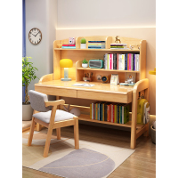 书桌实木儿童学习桌中小学生家用写字桌子卧室可升降桌椅书架一体