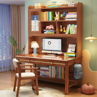 实木书桌书架一体卧室中学生家用写字台电脑桌子简易办公桌椅套装