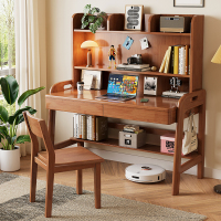 实木书桌书架一体桌书房家用课桌学生写字台卧室可升降台式电脑桌