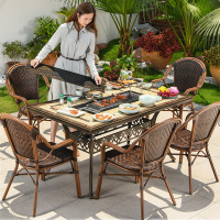 户外自动烧烤桌家用烧烤炉铁艺露天 铸铝室外休闲庭院编藤桌椅