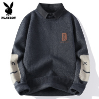 花花公子假两件毛衣男款冬季保暖潮流针织衬衫领拼色休闲内搭男士