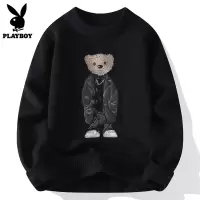 花花公子毛衣男款冬季潮流小熊刺绣上衣服圆领加厚打底针织衫男士