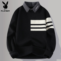 花花公子假两件毛衣男款冬季潮流衬衫领条纹刺绣内搭配针织衫男士