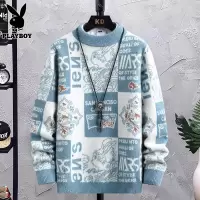 花花公子圆领毛衣男士秋冬季新款宽松衣服潮牌拼色休闲内搭针织衫