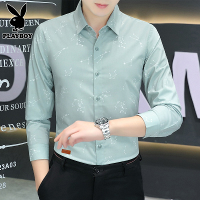 花花公子长袖衬衫男士秋季潮流痞帅印花高级感休闲衬衣男2024新款