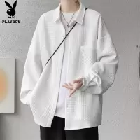 花花公子白色长袖衬衫男士潮牌春秋季青少年上衣华夫格衬衣外套男