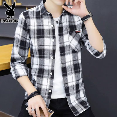 花花公子长袖衬衫男士格子休闲外套春季潮牌帅气新款宽松衬衣男装