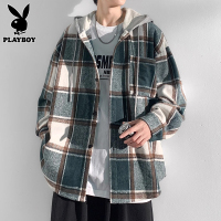 花花公子连帽长袖衬衫男士春季潮流磨毛格子港风宽松衬衣外套男款