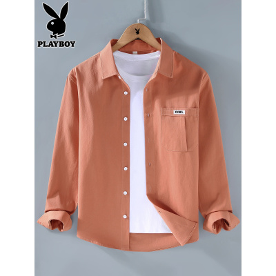 花花公子纯棉衬衫男士长袖上衣服2025年秋季休闲纯色工装衬衣外套
